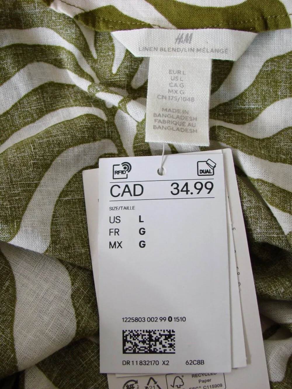 H&M Linen Blend Green White Tie Front Blouse Tropical Summer NEW NWT Large - Picture 4 of 13
